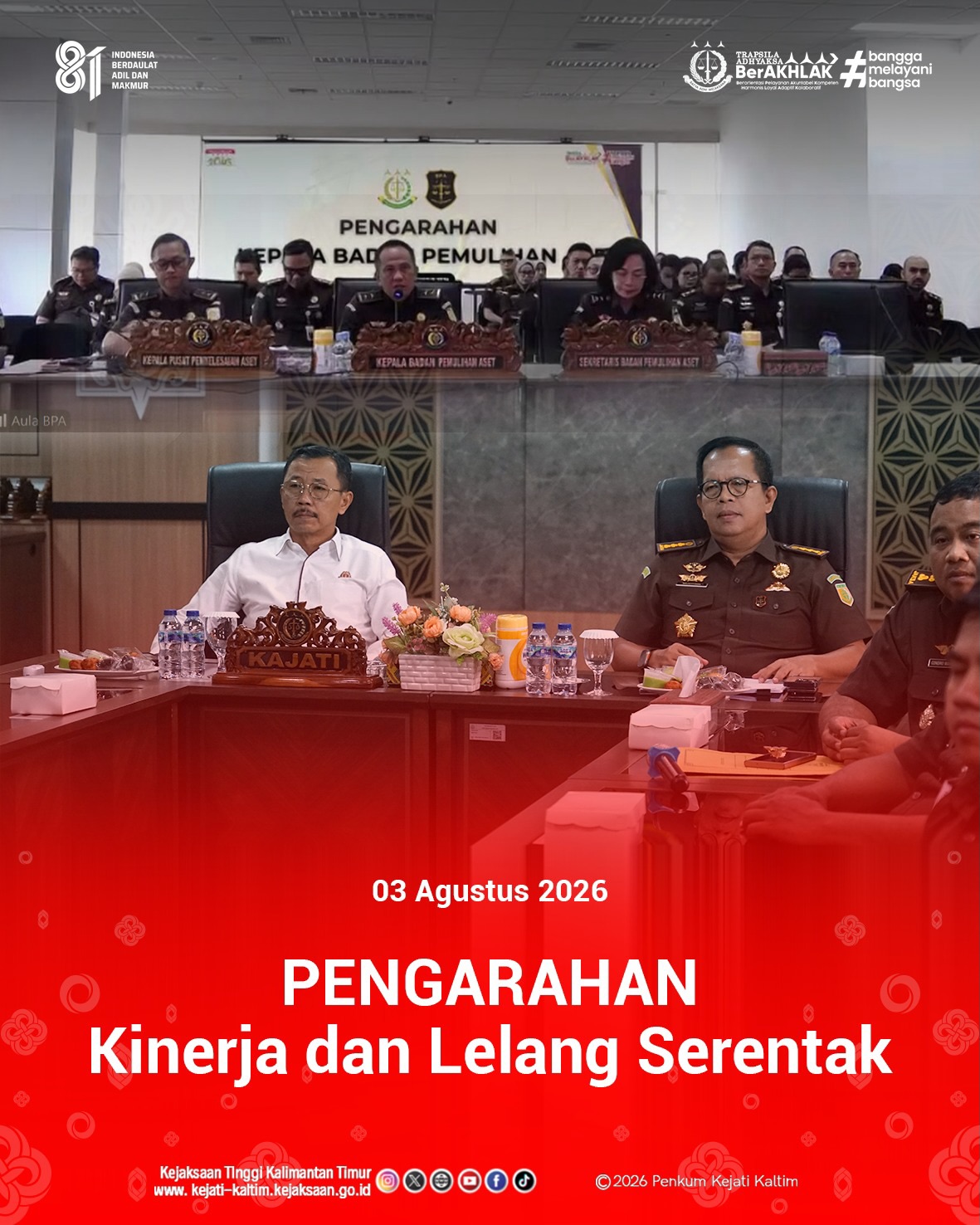 Persiapan Lelang Serentak dalam rangka memperingati Hari Lahir Kejaksaan Republik Indonesia ke-81 dan monitoring evaluasi tugas dan fungsi Badan Pemulihan Aset
