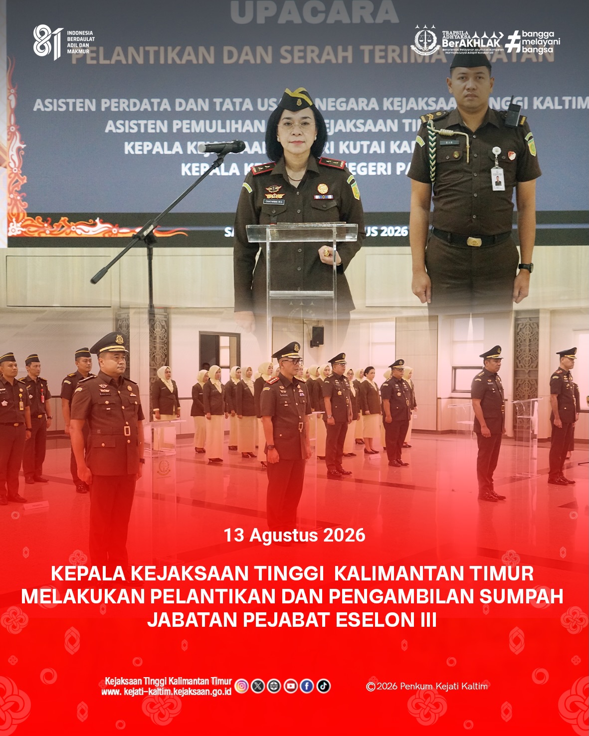 Pelantikan, Pengambilan sumpah dan serah terima jabatan, para pejabat eselon III di lingkungan Kejaksaan Tinggi Kalimantan Timur